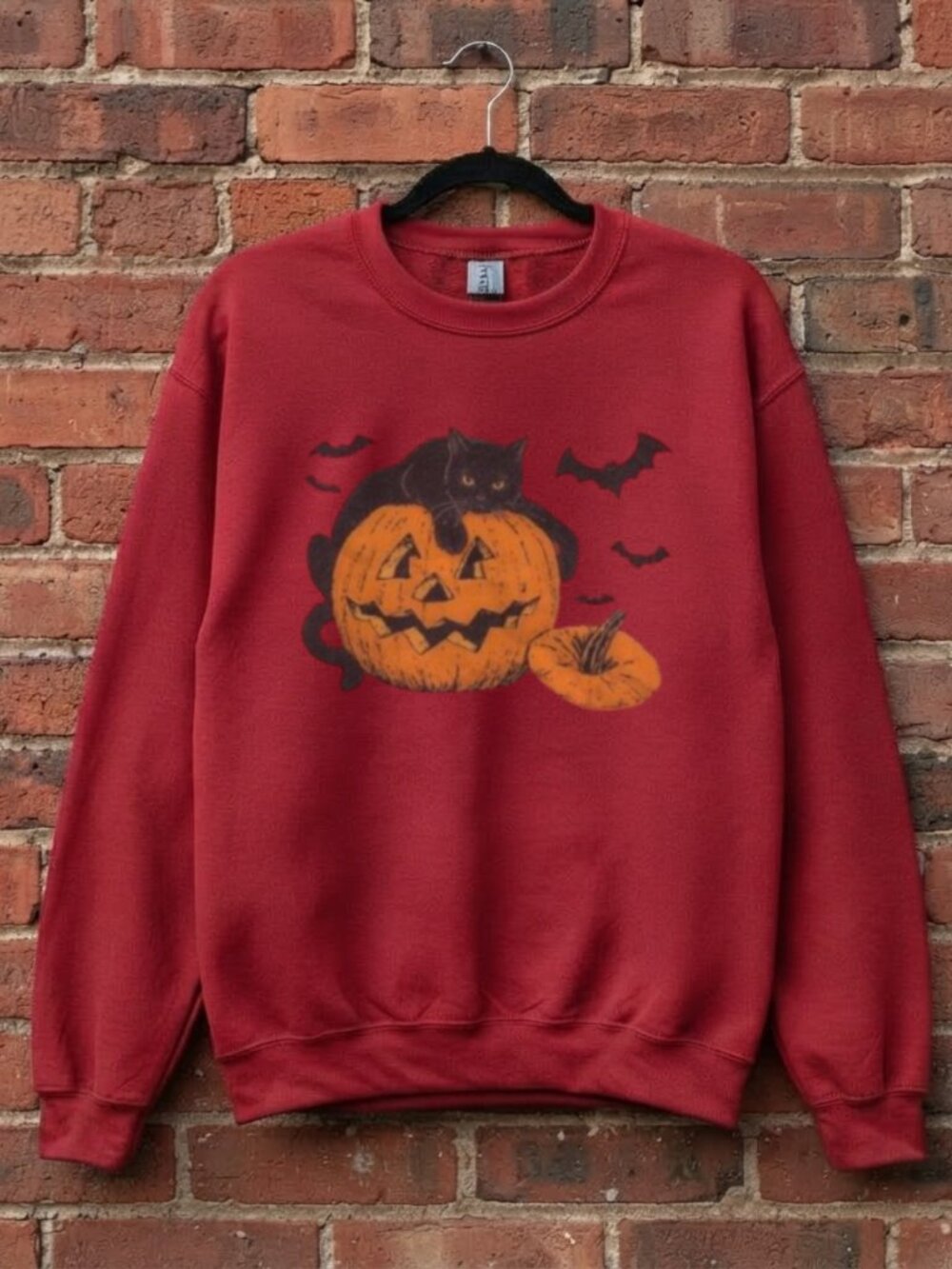 Gildan Cardinalred Halloween A Cat And Pumpkin Crewneck Graphic Sweatshirt